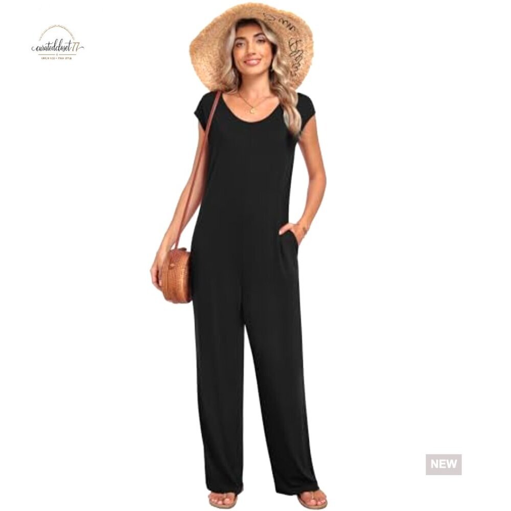 Large Wide Leg Jumpsuit with Pockets, Cap Sleeve, Polyester Blend - Picture 2 of 7